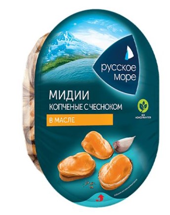 Мясо мидии чилийской подкоп. в р.м. с чесноком и зеленью 180г/Русское море
