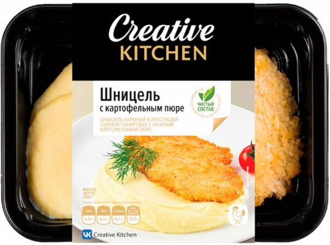 Шницель куриный в сырной панировке с пюре 250г/Creative Kitchen