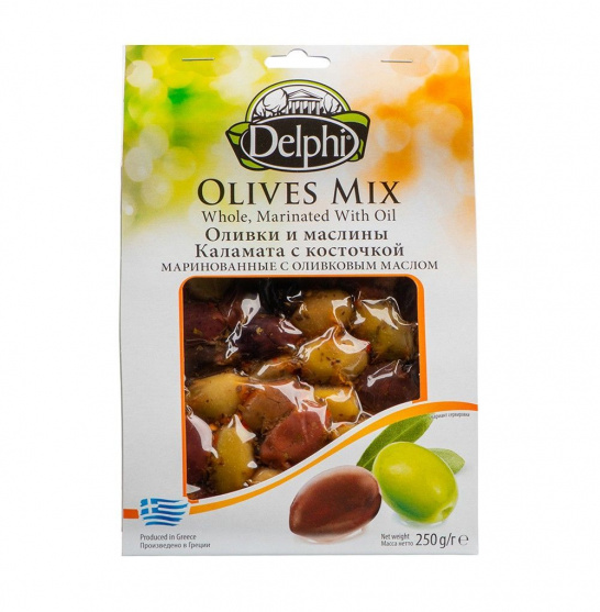 Оливки и маслины Каламата с косточной маринованные с оливковым маслом 250г/ DELPHI